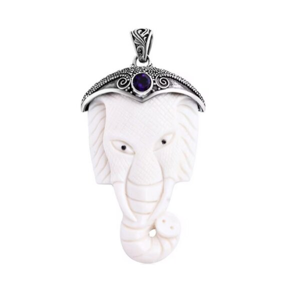 Elephant Pendant Carved Bone & African Amethyst Sterling Unique - Picture 2 of 4